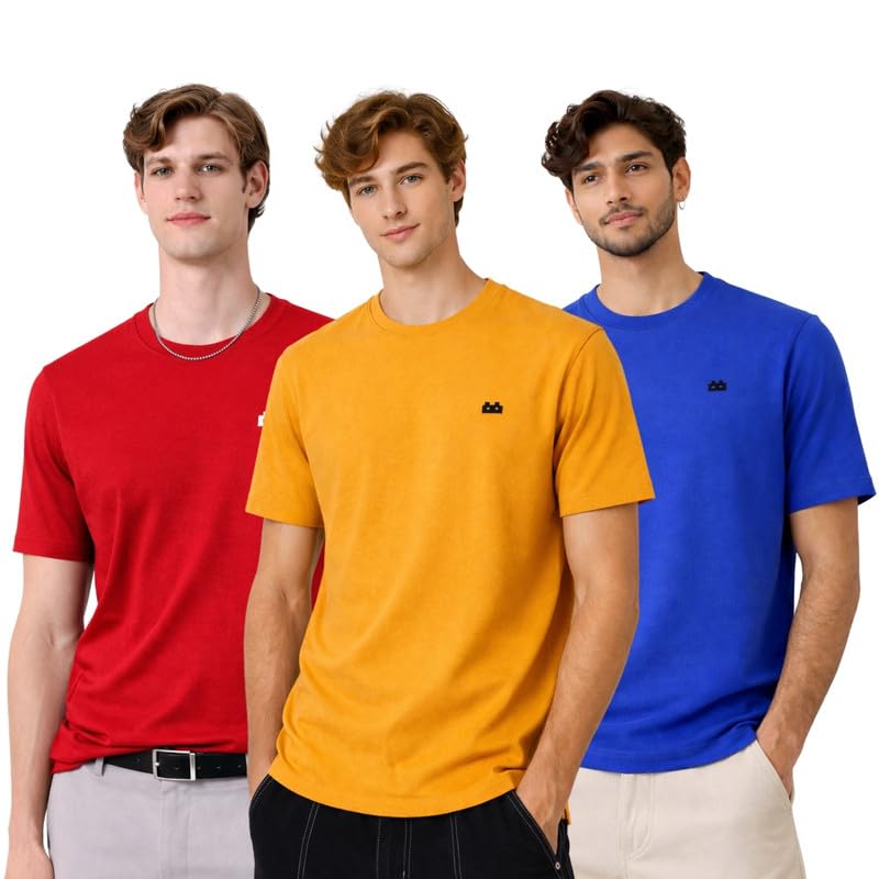 Image of Men 100% Cotton Regular Fit Round Neck Half Sleeve Solid T-Shirt Combo Pack of 3 | 180 GSM Double Bio-Washed | Breathable Soft Touch Everyday Wear | Maroon + Royal Blue Accent