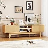 59' Mid-Century Modern TV Stand with Fluted Sliding Doors - Solid Wood Entertainment Center for 55/60/65 Inch TV, Adjustable Shelves, Boho Farmhouse Media Console for Living Room, Bedroom & Office.Oak