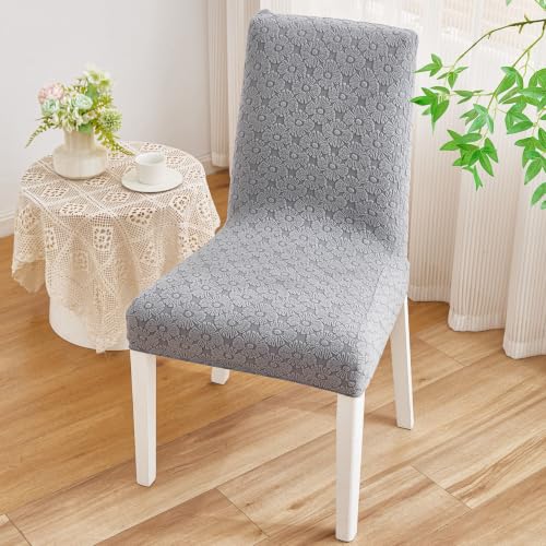Image of HOMETHREADS Elastic Jacquard Chair Cover Stretch Removable Washable Short Dining Chair Cover Protector Seat Slipcover (D D.Grey, Pack of 1)
