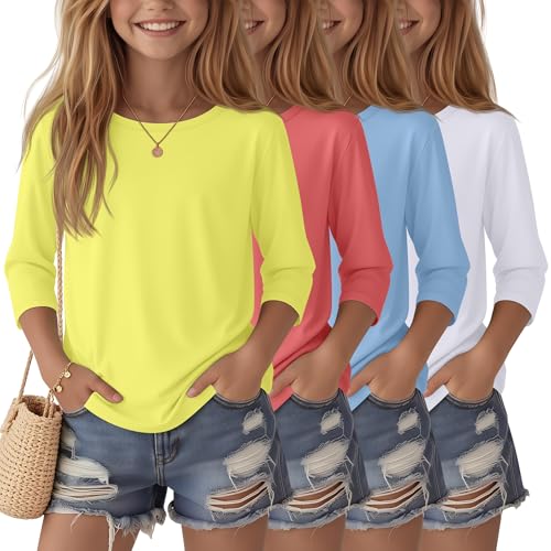 Image of 4 Pack Girls 3 /4 Sleeve T Shirts Kids Crewneck Elbow Sleeve Casual Tops Solid Basic Cute Teen Tees 5-14Y