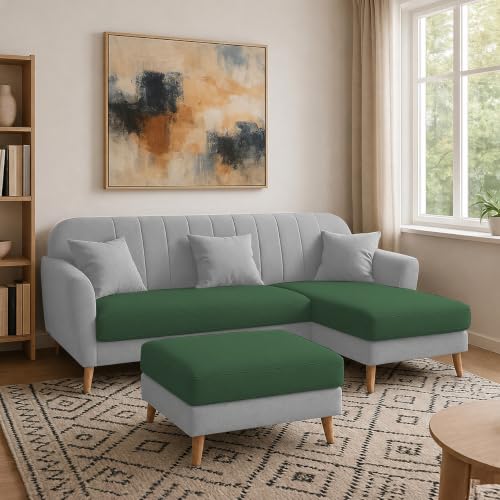 Image of Atticus RHS 4 Seater L Shape Sofa Set with Ottoman for Living Room (Green Grey Fabric) Premium Fabric Sofa Set