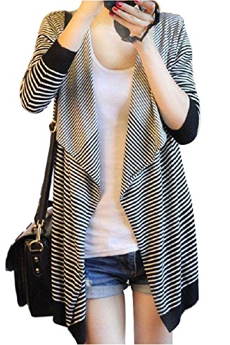 Gaorui Femme rayé Ouvert à l'avant à Manches Longues en Tricot Châle Cardigan décontracté vêtement Cover Up Ourlet irrégulier sur Le Dessus - Noir - Moyen