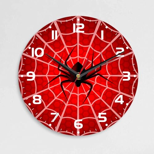 ENUIEO Wall Clock 10 Inch Silent Non-Ticking Home Kitchen Decor Battery Operated for Bathroom Bedroom Living Room Office(Red Spider Web)
