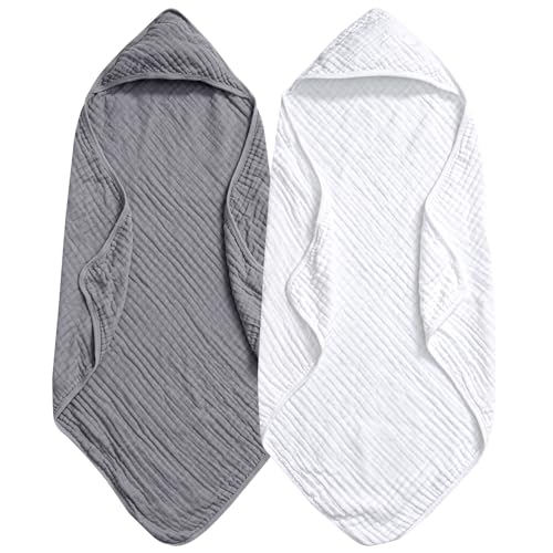 Image of PHF 2 Pack Baby Hooded Towels, 100% Muslin Cotton Baby Bath Towel with Hood for Newborn, Infant, Toddler, Ultra Soft and Absorbent Baby Essentials Bath Towels for Boys Girls, 32x32Inch, White & Grey