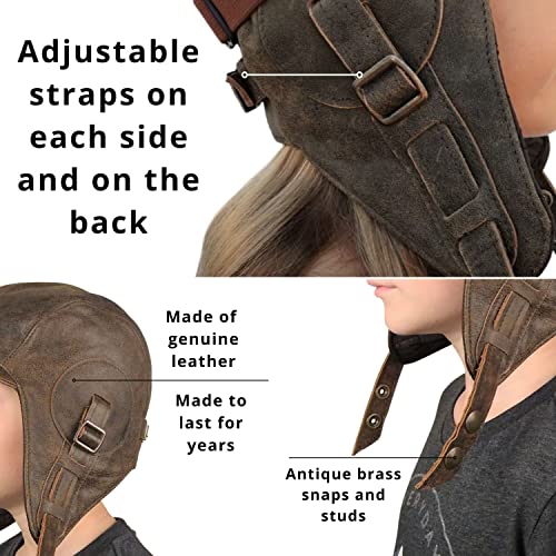 Kids Aviator Hat with Goggles, Real Brown Leather, Children's Pilot Flying Cap/Helmet (XXSmall, Hat + Goggles A)4