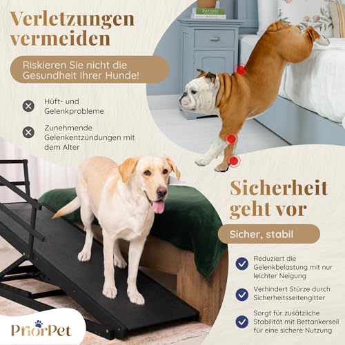Hunderampe Bett mit Sicherheitsgeländer - Für Große Hunde bis zu 90 kg - Höhenverstellbare hundetreppe für Betten bis zu 94.5cm - Breite 49,5 cm - Klappbar - Anti-Rutsch-Griff - Birkenholz - Schwarz