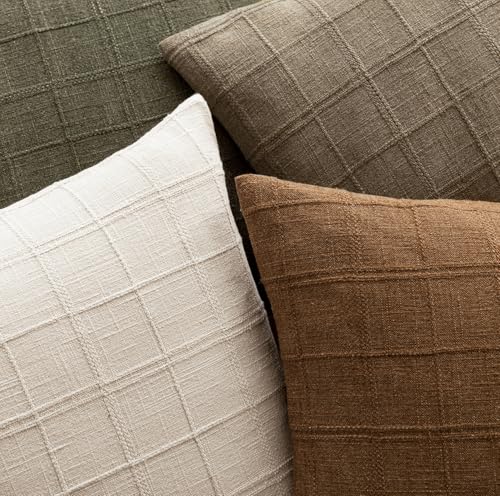 Image of Foindtower Set of 2 Decorative Linen Check Throw Pillow Covers Neutral Farmhouse Vintage Cushion Covers Modern Boho Home Decor for Sofa Chair Couch Bedroom Living Room,26x26 Inch,Brown Hazel