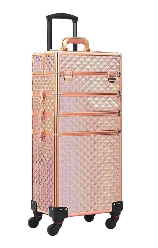 Adson Rolling Makeup Vanity Trolleys Case 4-in-1 Portable Makeup Trolley Case Professional Cosmetic Organizer Make up Vanity Traveling Trolley Cases Cart Trunk(Rose Gold)