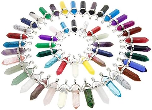 50pcs Bullet Shape Crystal Stone Pendants Hexagonal Healing Pointed Quartz Charms Chakra Beads for DIY Necklace Jewelry Making Assorted Color