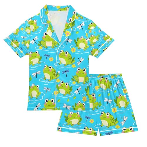 senya Frog Dragonflies Lotus Leaf Satin Summer Pajama Sets Silk Short Sleeve Button Down Sleepwear