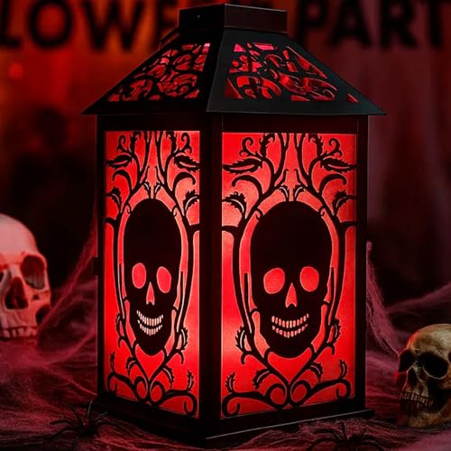 VELA LANTERNS 11.5" Halloween Skull Candle Lantern - Decorative Spooky