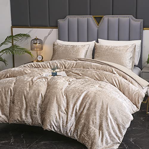 Yozen Champagne Queen Korean Velvet Comforter Set (90X90 Inch), 3 Pieces Solid Luxury Textured Soft Comforter With 2 Pillowcases, Lightweight Microfiber Down Alternative Bedding Set For All Season #TOP2