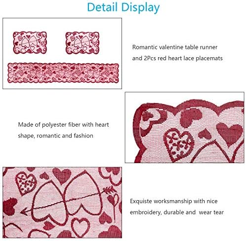 BIGKASI Heart Runner Romantic Tablecloth with 2Pcs Lace Place Mats for Anniversaries Wedding Party Valentines Day Table Decorations, 183 x 33cm, Polyester, Red, Normal