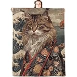 jwyta Samurai Cat Flannel Blanket,Japanese Kitten Art Style Throw with Majestic Tabby,Floral and Wave,Lightweight Fleece Blankets for Animal Lover,Couch,Cabin,Bed,Camping Decor Gifts,60x50in