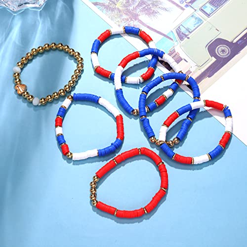 FAERLIIRY 4th of July Bracelets Red White Blue Bracelets American Flag USA Clay Beaded Bracelet Heishi Stretch Stackable Bracelets Patriotic Friendship Bracelet Surfer Preppy Summer Beach Jewelry3