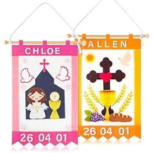 WATINC First Communion Banner Kit - 2 Pack DIY 1st Holy Communion Felt Banner Craft Decoration for Girls, Make Your Own Pink Baptism Christian Cross Hanging Decor for Sunday School Baptism Ceremony