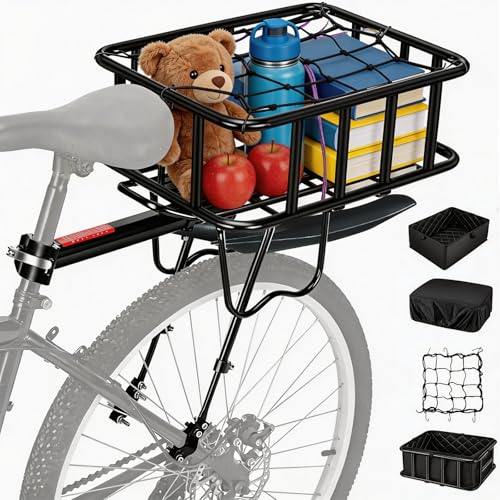 Rear Bike Rack with Basket & Mudguard,130 LB Capacity Removable Adjustable Bike Basket Rear,Aluminum Alloy Bike Cargo Rack for Most Bikes and E-Bike with Liner,Waterproof Cover,Cargo Net