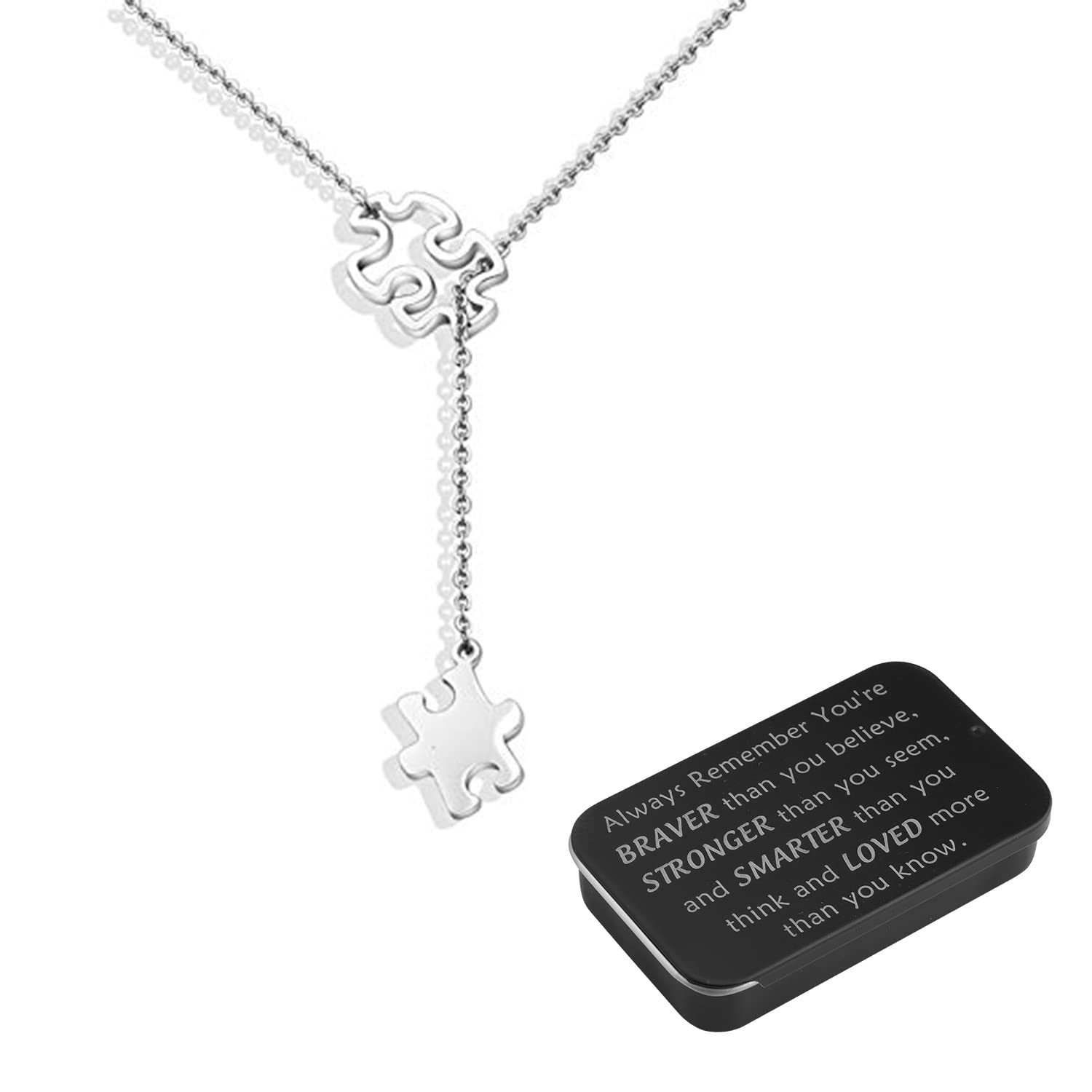 BNQL Collar de concienciación sobre el autismo, collar de rompecabezas para autismo, joyería de regalo para autismo con You Are Braver Stronger Smarter Than You Think Joyero, Collar de autismo, Large