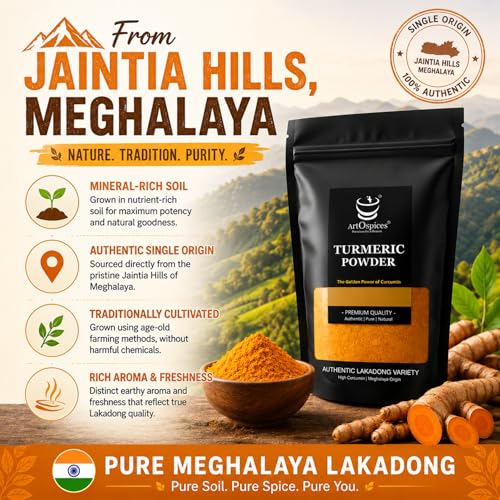 Image of ArtOspices Lakadong Turmeric Powder 250g | 9-12% High Curcumin | Pure Natural Haldi from Meghalaya Jaintia Hills | No Preservatives | Chemical-Free | Premium Daily Cooking Haldi