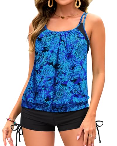 Image of Holipick Tankini Swimsuits Two Piece Tummy Control Bathing Suits Blouson Swim Tank Top with Boy Shorts