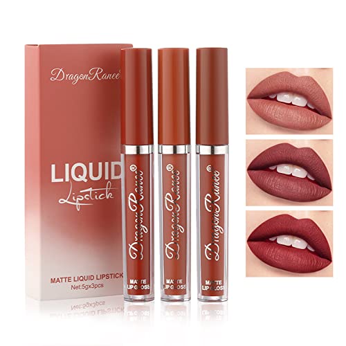 3 Colors Nude Matte Lipstick Set Liquid Matte Lipstick, Velvet Nude Pink Lipstick Lip Stain Long Lasting Waterproof,Non-Stick Cup Not Fade Lip Gloss Lipstick for Women Lip Makeup Lip Stick Pack-Set A