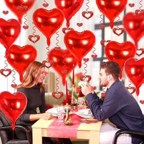 Image of 24 Pcs Red Heart Balloons, 100 Pcs Heart Hanging Streamers, 18 Inch Heart Foil Balloons Valentine's Day Balloon Love Balloon for Valentines Day Proposal Wedding Party Decorations