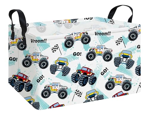 Image of Rectangular Monster Truck Storage Basket | Fabric Organizer Bin for Books,Clothes,Gifts,Pets-Perfect for Home,Office,Nursery,Dorm,Shelf(Rec-Truck )