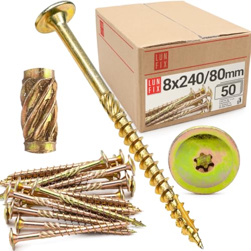 Lun Fix Tellerkopfschrauben 8x240 | 50 Stück | TX40 Torx | Tellerkopf mit Fräsrippen | Gelb Verzinkt | Holzschrauben | Terrassenschrauben | Spanplattenschrauben | Selbstschneidende Schrauben