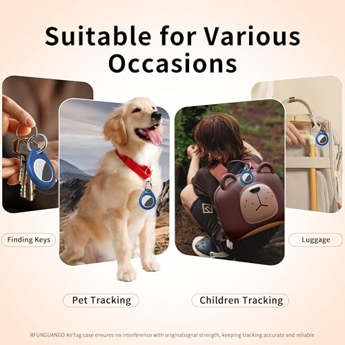 RFUNGUANGO Compatible AirTag Holder Air Tag Keychain Protective Case - 4 Pack Air Tag Protective Case with Metal Keychain for Kids, Pets, Luggage, Backpacks, Keys, Black,Blue-2P — view 4