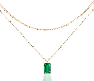 14K Gold Plated Layering Necklaces Emerald Rectangle Dark Green Pendant for Women Layered Choker Christmas Jewelry