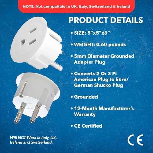 OREI American USA To European Plug Adapter – Type E/F Schuko Plug Adapter - Use in Germany, France, & More - CE Certified – For Mobile, Laptop & Camera Chargers - 6 Pack - 4