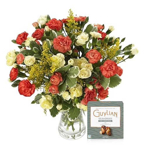 Sendabunch Fresh Orange & Yellow Spray Carnations | 20 Vibrant Stems, Thoughtful Gift with Free Chocolates & Gift Card for Any Occasion