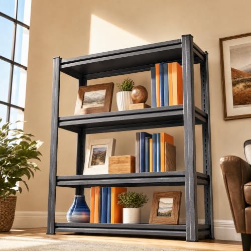 Image of Modern 4 Tier Bookshelf, 54 inchH Adjustable Bookcase with Steel Frame and metal Shelves, Utility Shelf Organizer, 600LBS Display Shelving for Study, Home, Office, Living Room, Easy Assembly, Black