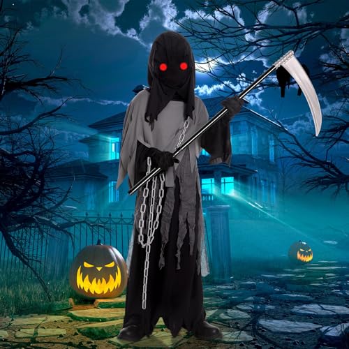 Tosekry Deguisement Halloween Enfant Costume Halloween Enfant, Deguisement Halloween Enfant Garcon Deguisement Faucheuse Enfant avec Faux, Lunettes Lumineuses et Chaînes – vue 3