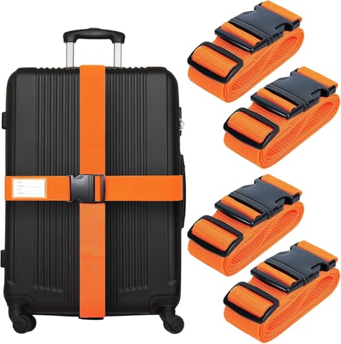 4 Pack Luggage Straps, 2M Adjustable Belts Keep Suitcase Secure While Traveling, with Name ID Card, Luggage Accessories to Secure Bag Cargo Safe Quick-Release (Orange)