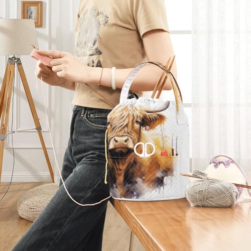 Image of WELLDAY Highland Cow Portrait Crochet Bag Knitting Bag Yarn Storage Organizer, Portable Yarn Bag and Tote for Crocheting Project, Store Skein Ball, Short Knitting Needle