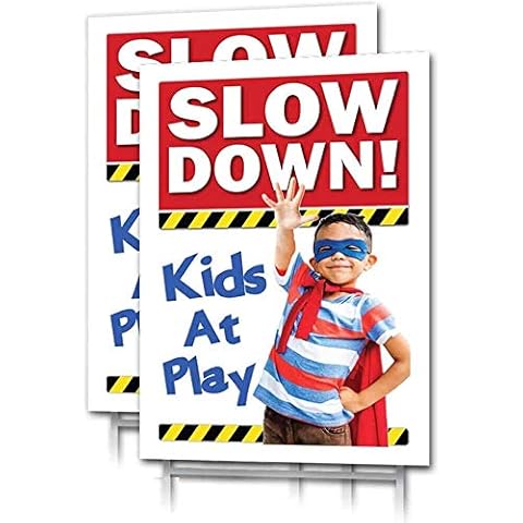 Signs of Justice® Slow Down Yard Sign, (2 Pack), 12”x18”, Double Sided, Kids at Play, Drive Slow, Child Safety, with Metal Stakes, Weatherproof, Yellow, Red & Black for Streets & Neighborhoods Cover