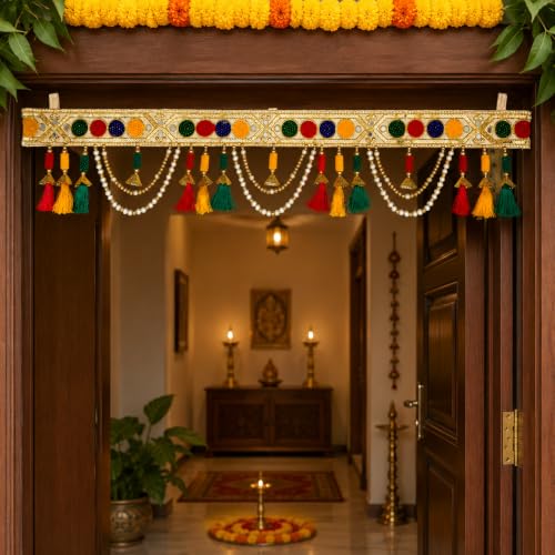 Image of ONESTA Premium Handmade Decorative Door Toran with Pearl & Pom Pom Hanging | Multicolor Traditional Bandarwal for Main Door, Mandir, Diwali & Home Decoration 3 Feei (Size 36 Inch Pack 01)