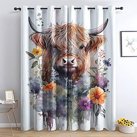 Highland Cow Curtains for Bedroom Living Room, Farm Animal Blackout Curtains & Home Decor, Western Cattle Patterned Window Curtains, Thermal Room Darkening Grommet Drapes, 54 Inch Curtains 2 Panel Set Cover