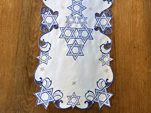 Holiday Star of David Purim Passover Jewish Table Runner Topper Blue Embroidered Cut Work Topper Linen Decorations (16" x 36")
