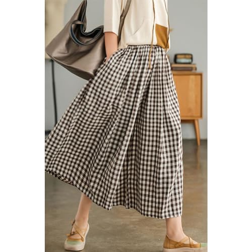 Womens Plaid Print Linen Pants Casual High Waisted Smocked Elastic Wide Leg Baggy Cropped Pants with Pockets4