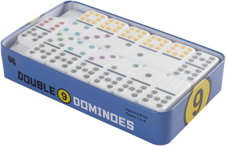 Front Porch Classics | Double 9 Colored Dot Dominoes Travel Tin Set, 2 to 8 Players Ages 8 to 99