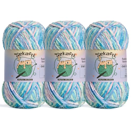 Image of 3 Pack of 300g (590yds) Fuzzy Chenille Yarn for Crocheting,Fluffy Amigurumi Crochet Yarn for DIY Craft /Hat /Clothes, Soft Velvet Baby Blanket Yarn(3 Candyfloss)