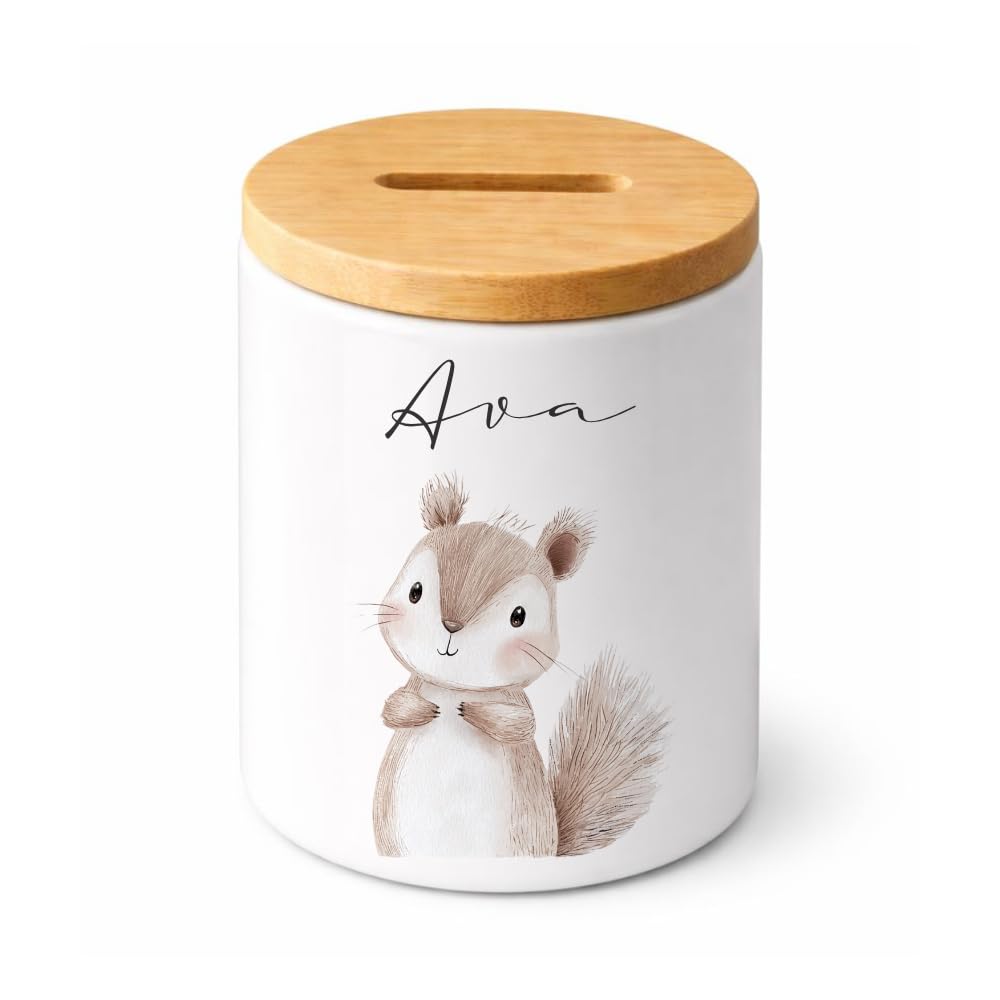 Manufaktur Liebevoll - Personalisierte Spardose für Kinder aus Keramik mit Bambusdeckel Kinder Spardose mit Name Geschenk zur Geburt Taufe & Geburtstag (Eichhörnchen)