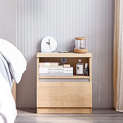 Table de chevet style nordique en bois avec tiroir et compartiment ouvert