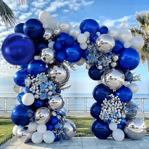 Image of Navy Blue White Balloons Royal Blue Silver Balloon Garland Arch Kit for Birthday Baby Shower Graduation Bridal Shower Business Party Decorations