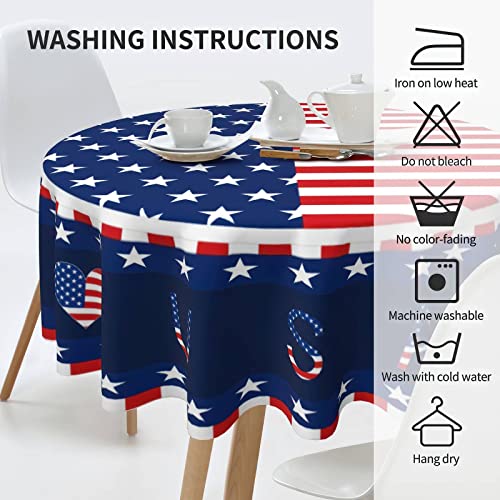 Fourth Of July Tablecloth Round 60 Inch Patriotic Red White Blue Stars Table Cloth American Flag Heart Tablecloths Washable Polyester Table Cover For Veterans Independence Memorial Day Kitchen Party #TOP3
