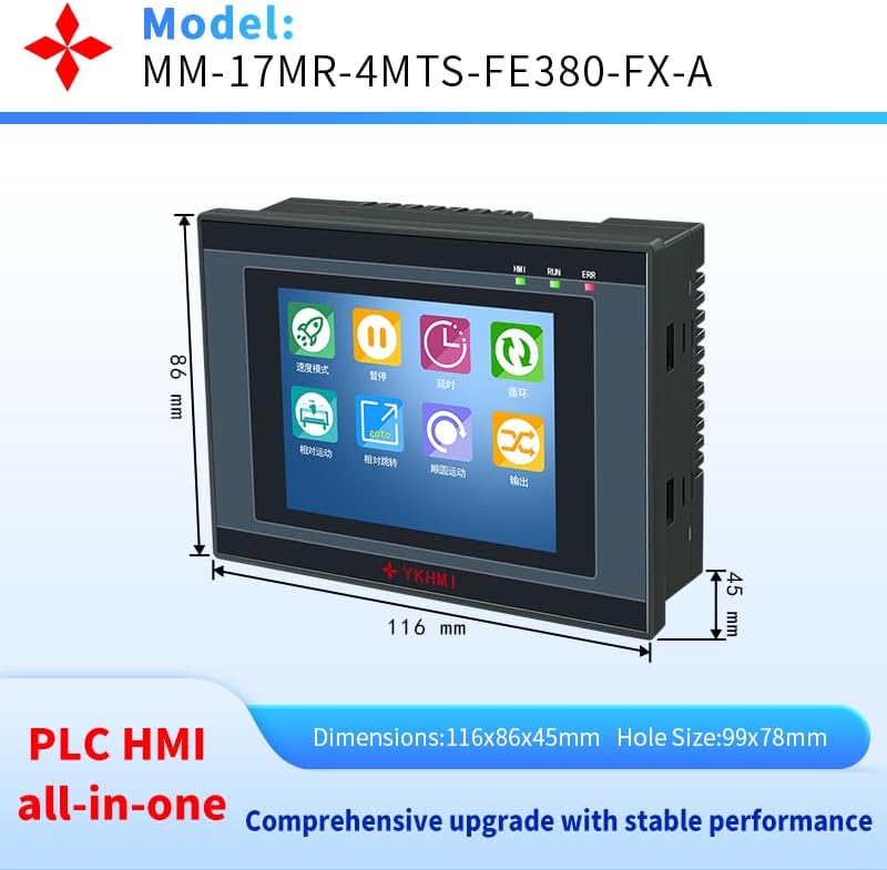 3.8 Inch PLC HMI All in One Integrated Programmable Logic Controller, 10 Input 7 Relay Output, 2 High-Speed Pulse 100KHz for Sevor or Stepper, 2 100Khz Input for Encoder (17MR-FE380-FX-A)