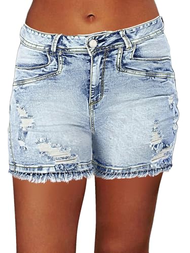 Flamingals Ripped Stretchy Jean Raw Hem Low Waist Shorts for Women Blue M