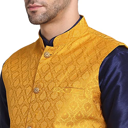 Image of KRAFT INDIA Mens Gold Silk Blend Kurta and Churidar Set With Jacquard Paisley Nehru Jacket